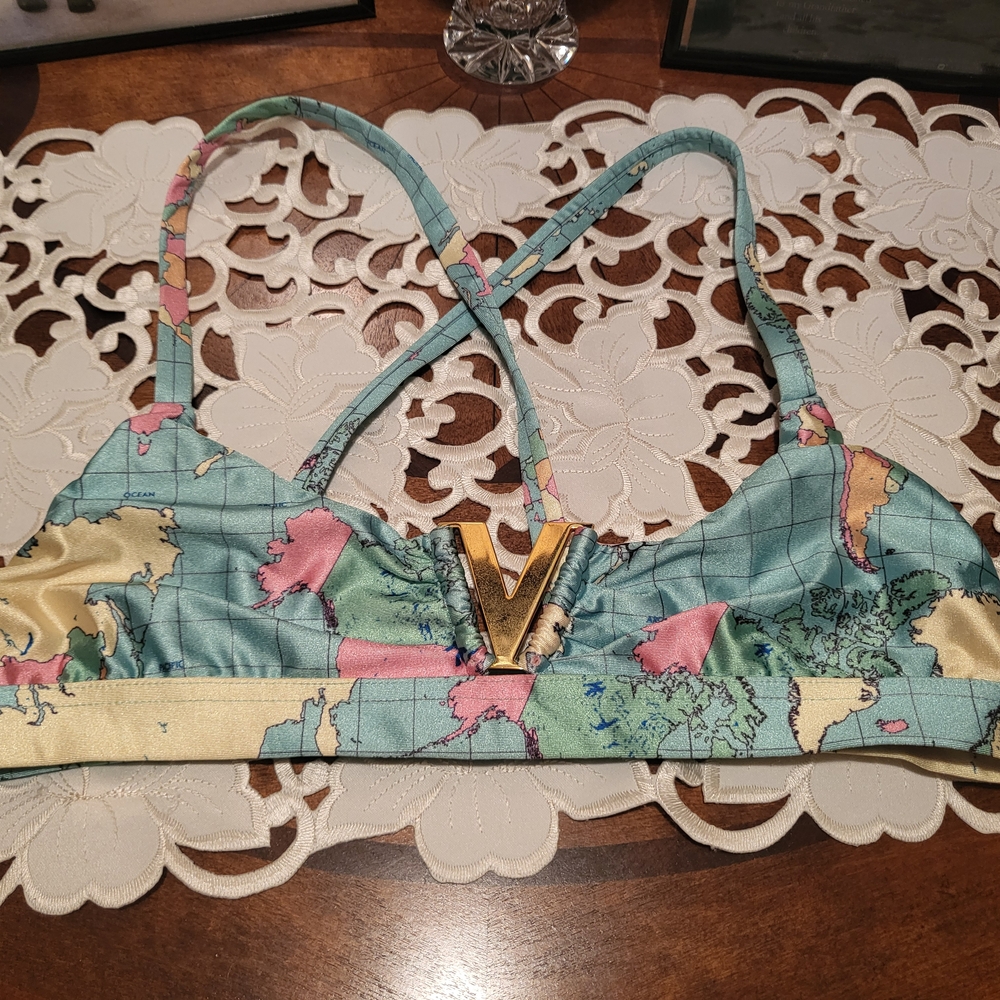 Map Print Bathing Suit Top with Gold Accent